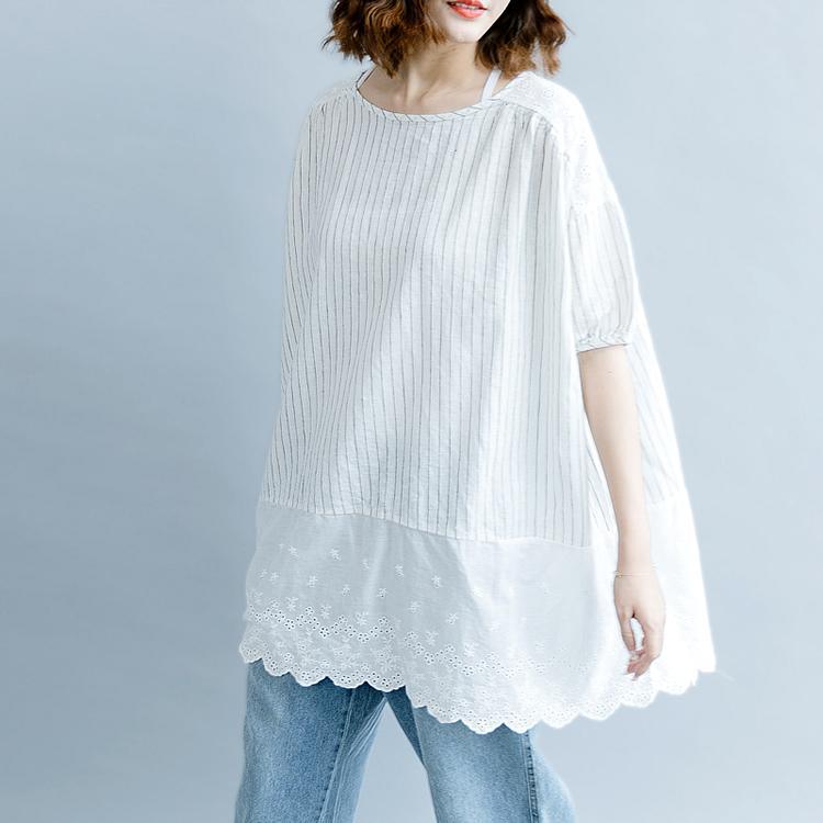 Elegant white striped cotton linen blouse plus size casual cardigans tops quality half sleeve hollow out O neck patchwork cotton linen t shirt - Omychic