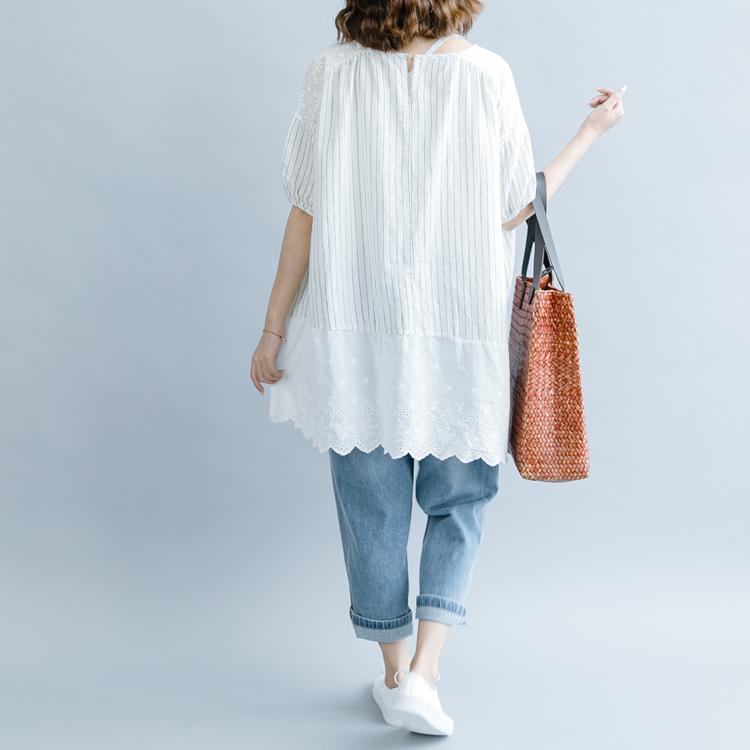 Elegant white striped cotton linen blouse plus size casual cardigans tops quality half sleeve hollow out O neck patchwork cotton linen t shirt - Omychic