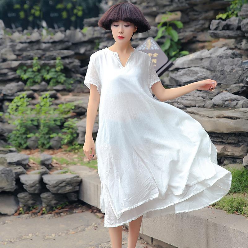 Elegant white v neck cotton Robes Inspiration layered Dresses summer - Omychic