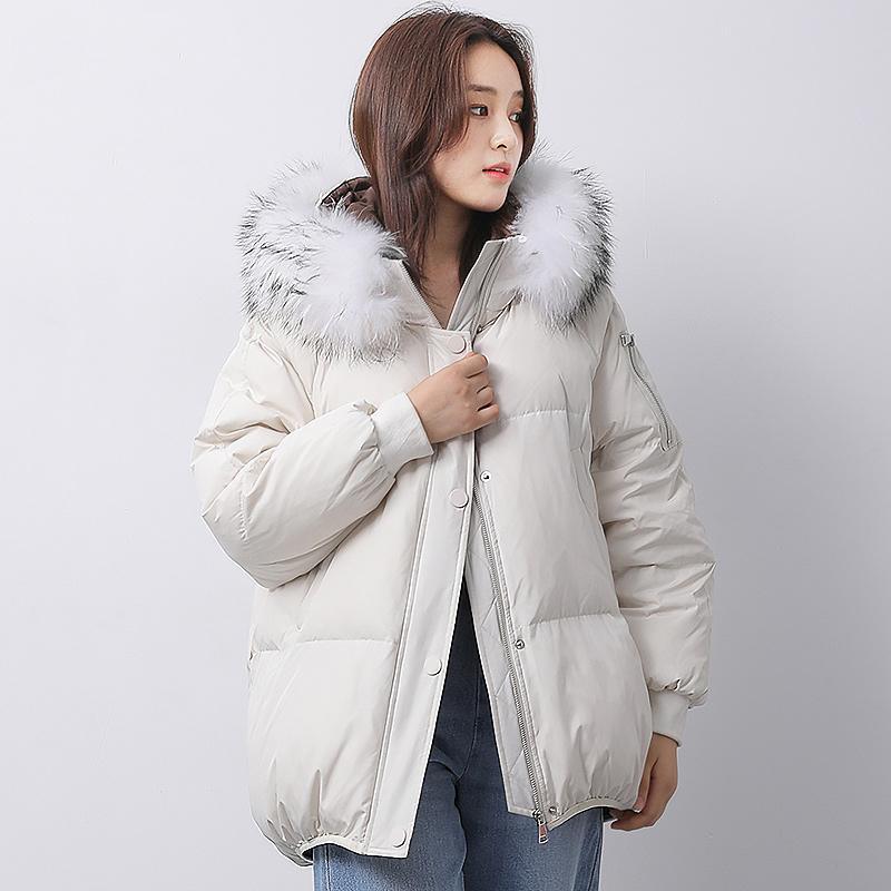 Elegant white warm winter coat Loose fitting fur collar women parka long sleeve winter outwear - Omychic
