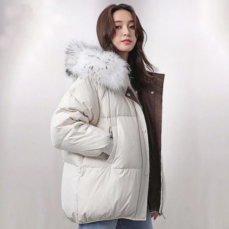 Elegant white warm winter coat Loose fitting fur collar women parka long sleeve winter outwear - Omychic