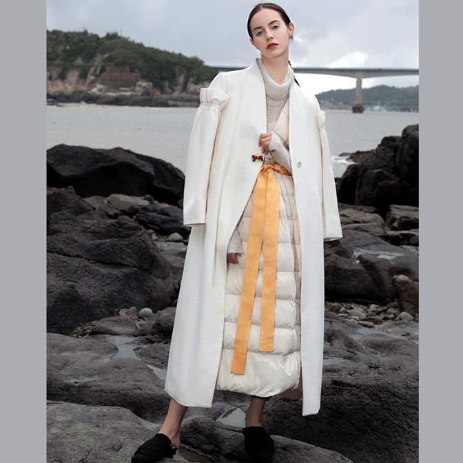 Elegant white wool overcoat plus size long Ruffles winter coat V neck pockets coats - Omychic