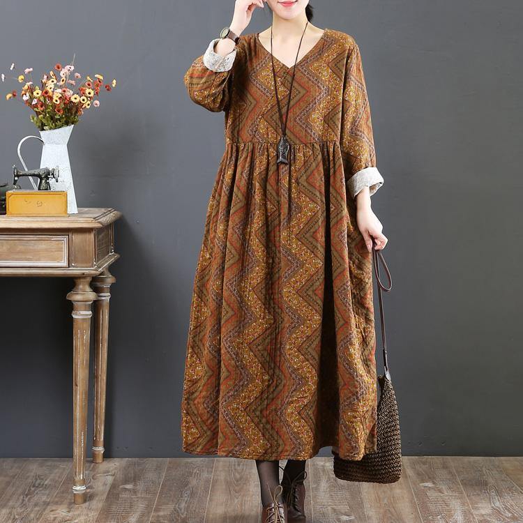 Elegant yellow  natural cotton dress Loose fitting autumn dressv neck women prints dress - Omychic