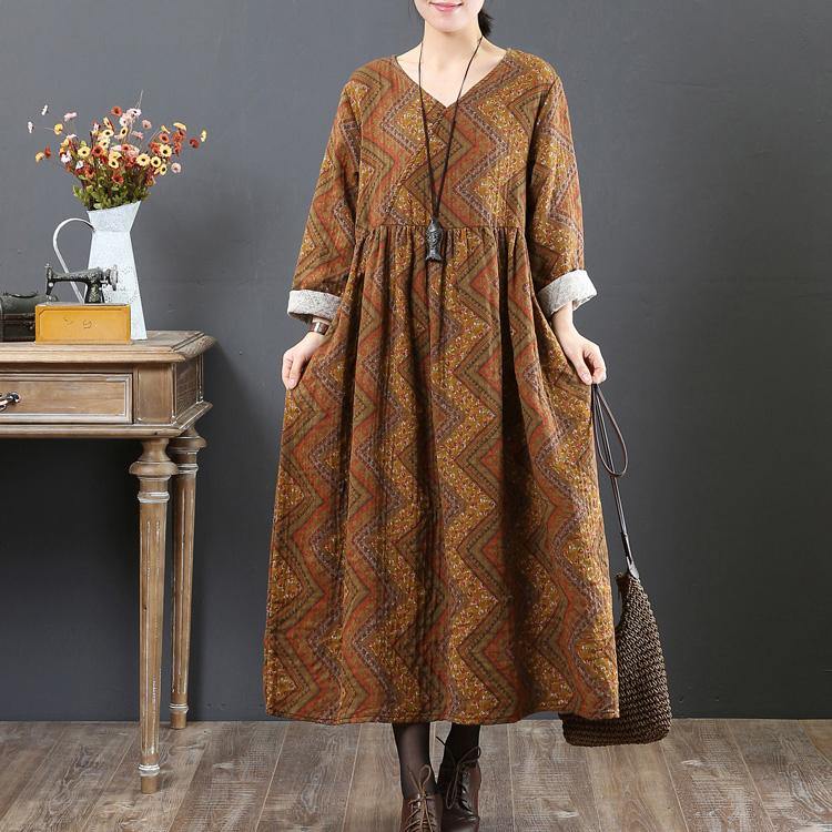 Elegant yellow  natural cotton dress Loose fitting autumn dressv neck women prints dress - Omychic