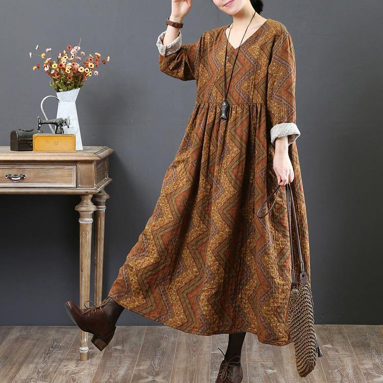 Elegant yellow  natural cotton dress Loose fitting autumn dressv neck women prints dress - Omychic