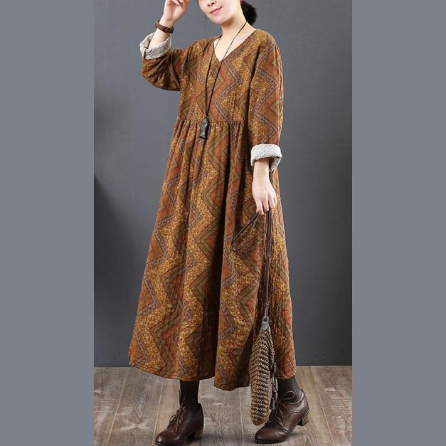 Elegant yellow  natural cotton dress Loose fitting autumn dressv neck women prints dress - Omychic