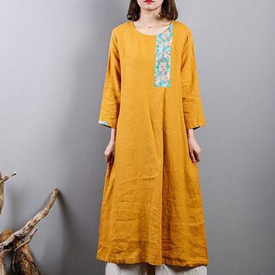 Elegant yellow  pure linen dresses   plus size linen maxi dress o neck top quality patchwork cotton dress - Omychic