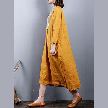 Elegant yellow  pure linen dresses   plus size linen maxi dress o neck top quality patchwork cotton dress - Omychic