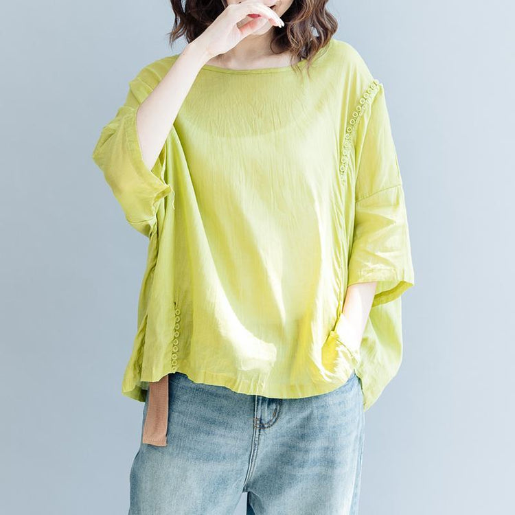 Elegant yellow cotton linen pullover trendy plus size traveling blouse Fine short sleeve O neck asymmetric brief t shirt - Omychic