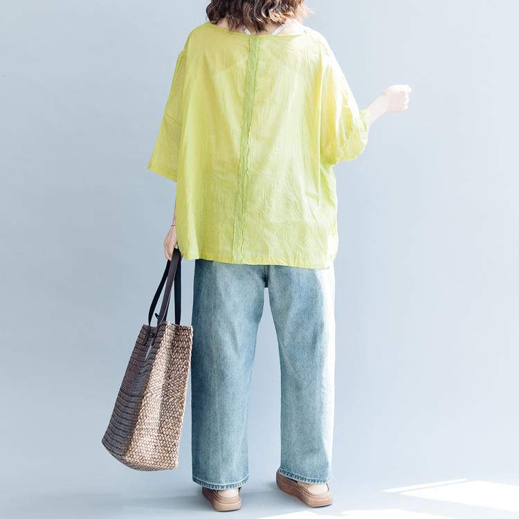 Elegant yellow cotton linen pullover trendy plus size traveling blouse Fine short sleeve O neck asymmetric brief t shirt - Omychic
