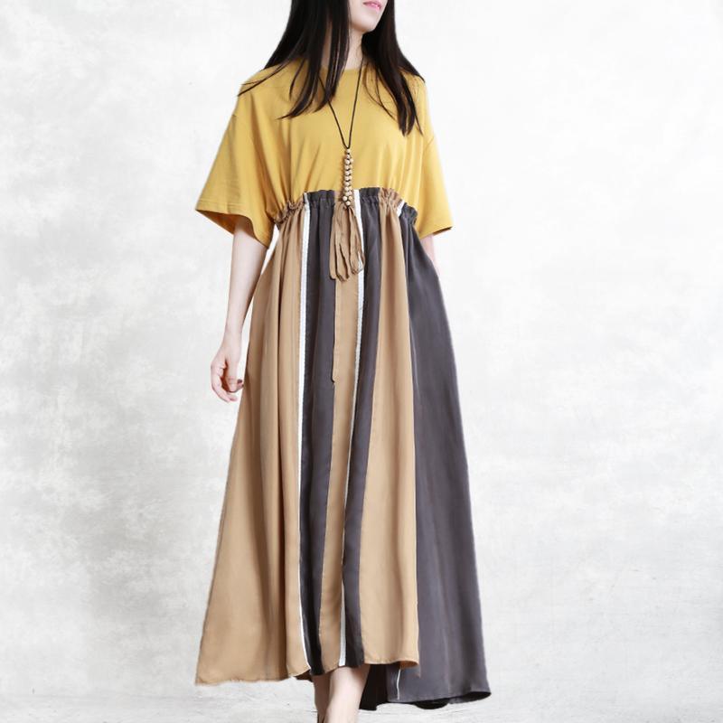Elegant yellow cotton quilting dresses o neck patchwork drawstring long summer Dresses - Omychic