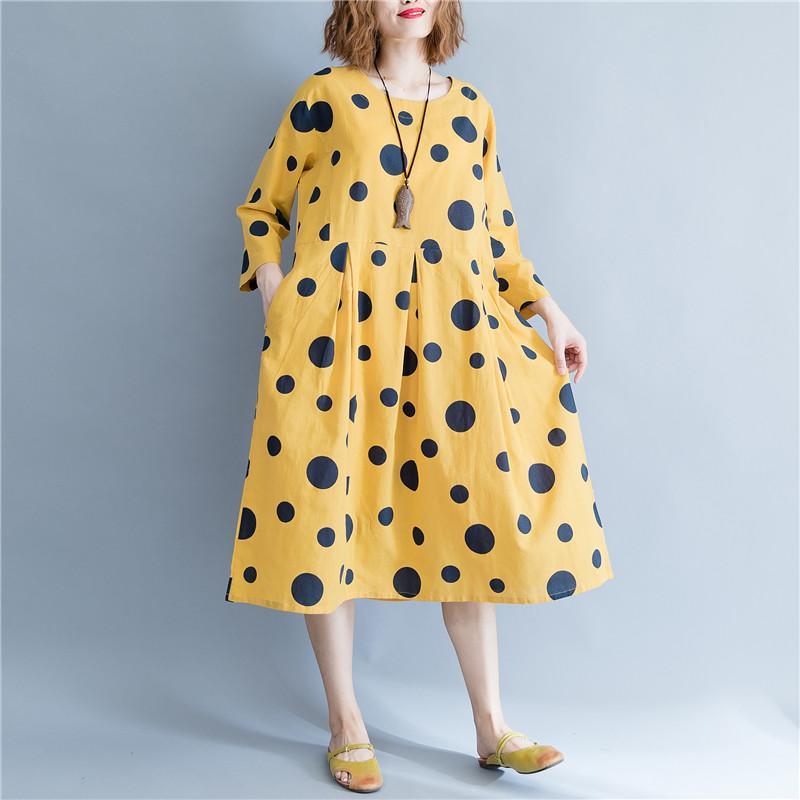 Elegant yellow dotted linen dresses casual Elegant long sleeve baggy dresses O neck cotton linen dress - Omychic