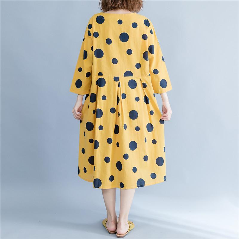 Elegant yellow dotted linen dresses casual Elegant long sleeve baggy dresses O neck cotton linen dress - Omychic