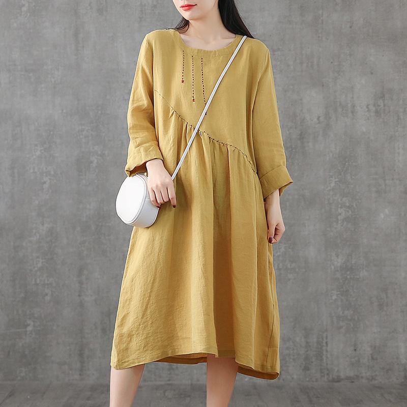 Elegant yellow embroidery linen Wardrobes patchwork Vestidos De Lino Dress - Omychic