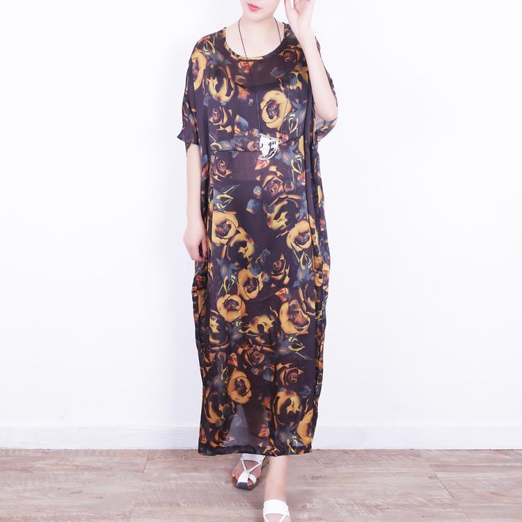 Elegant yellow floral silk dress trendy plus size patchwork silk chiffon gown top quality o neck caftans - Omychic