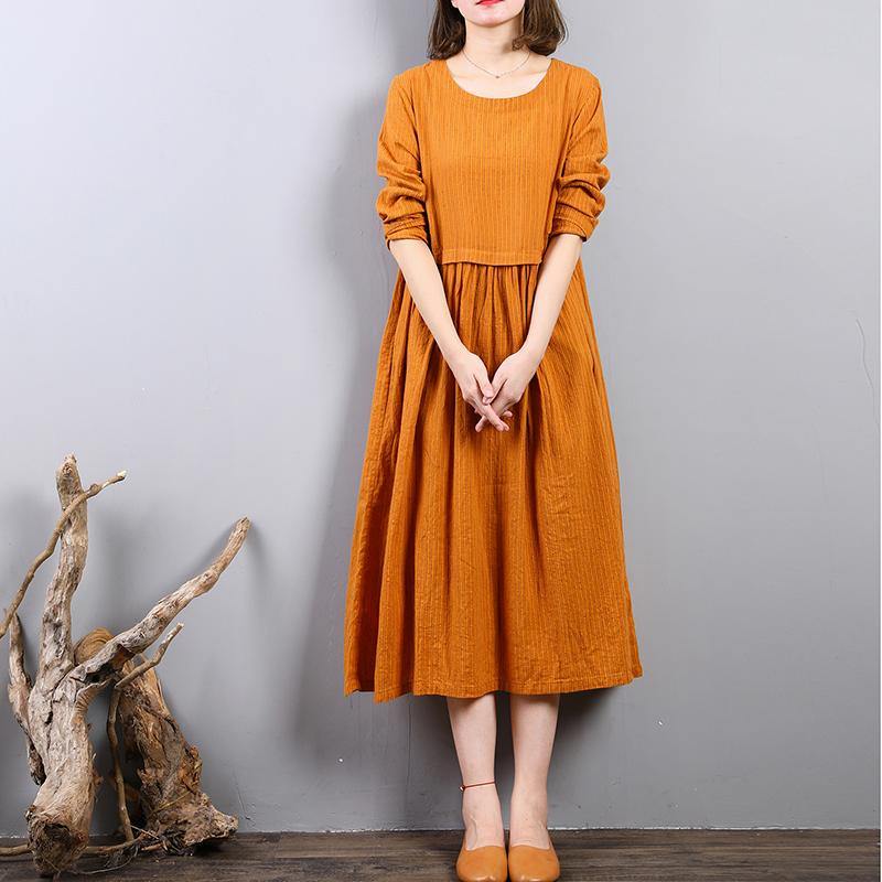 Elegant Yellow Linen Shift Dresses Loose Fitting Linen Clothing Dresses O Neck 2021 Patchwork Autumn Dress - Omychic