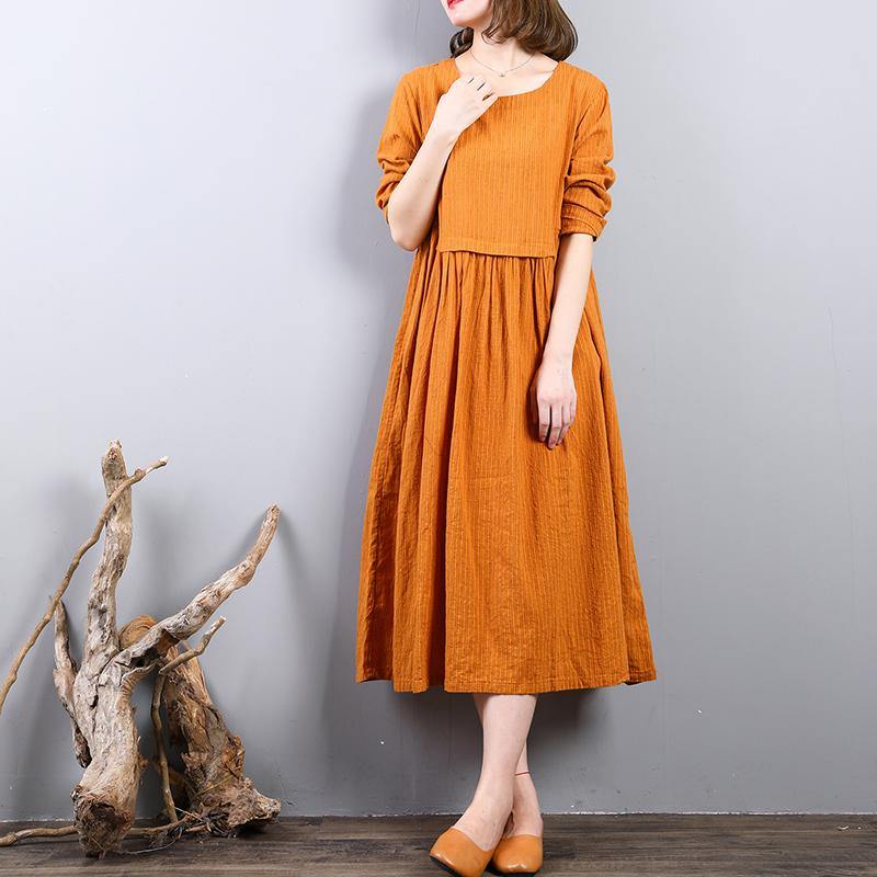 Elegant Yellow Linen Shift Dresses Loose Fitting Linen Clothing Dresses O Neck 2021 Patchwork Autumn Dress - Omychic