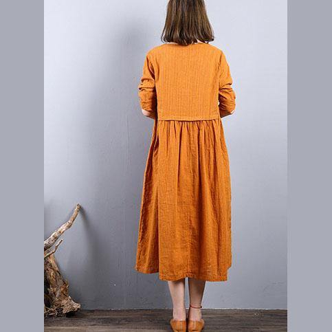 Elegant Yellow Linen Shift Dresses Loose Fitting Linen Clothing Dresses O Neck 2021 Patchwork Autumn Dress - Omychic