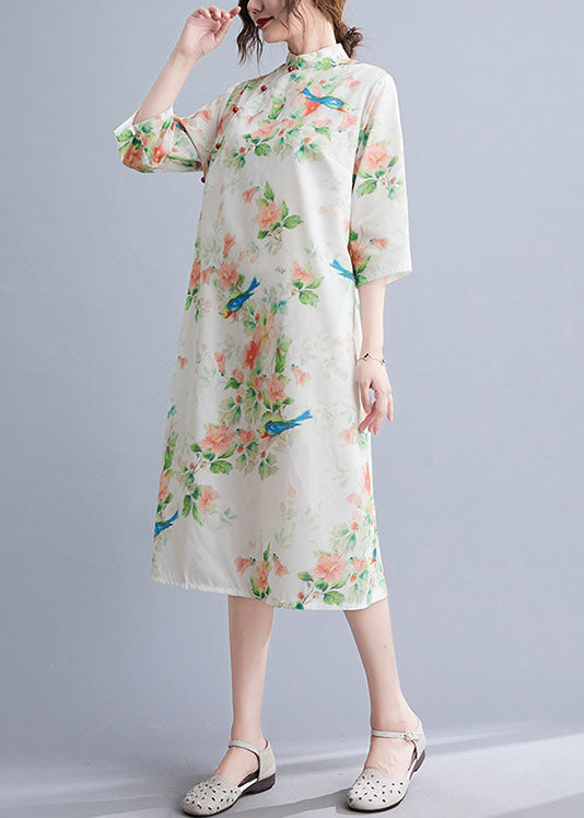 Elegant O-Neck Half Sleeve Top Sewing Green Bird Print Shirt