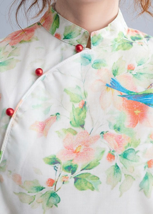 Elegant O-Neck Half Sleeve Top Sewing Green Bird Print Shirt