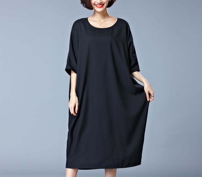 Elegant black Midi-length cotton dress plus size traveling clothing New o neck half sleeve cotton clothing dresses - Omychic