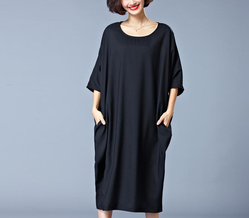 Elegant black Midi-length cotton dress plus size traveling clothing New o neck half sleeve cotton clothing dresses - Omychic