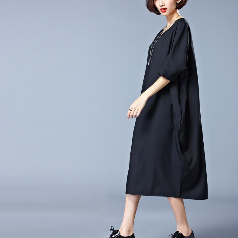 Elegant black Midi-length cotton dress plus size traveling clothing New o neck half sleeve cotton clothing dresses - Omychic