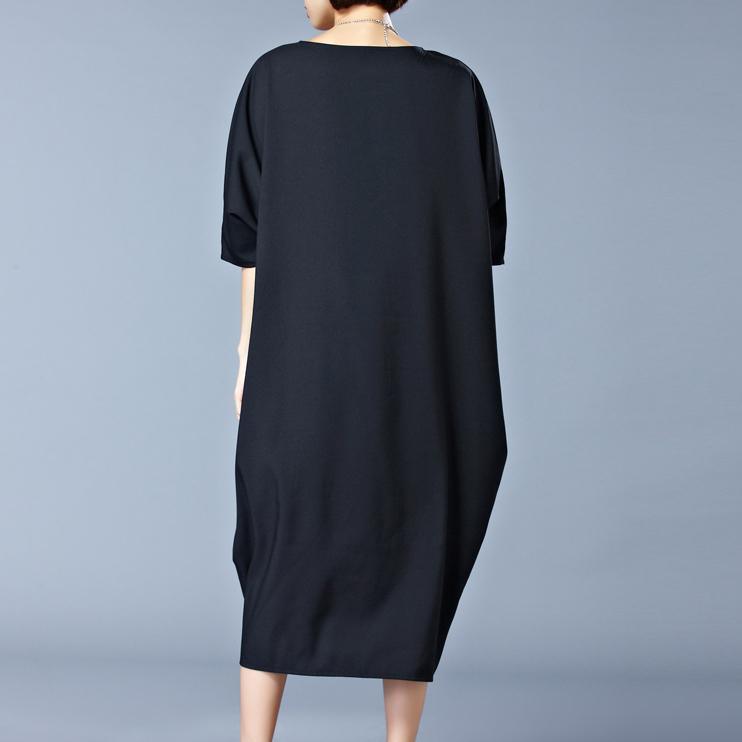 Elegant black Midi-length cotton dress plus size traveling clothing New o neck half sleeve cotton clothing dresses - Omychic