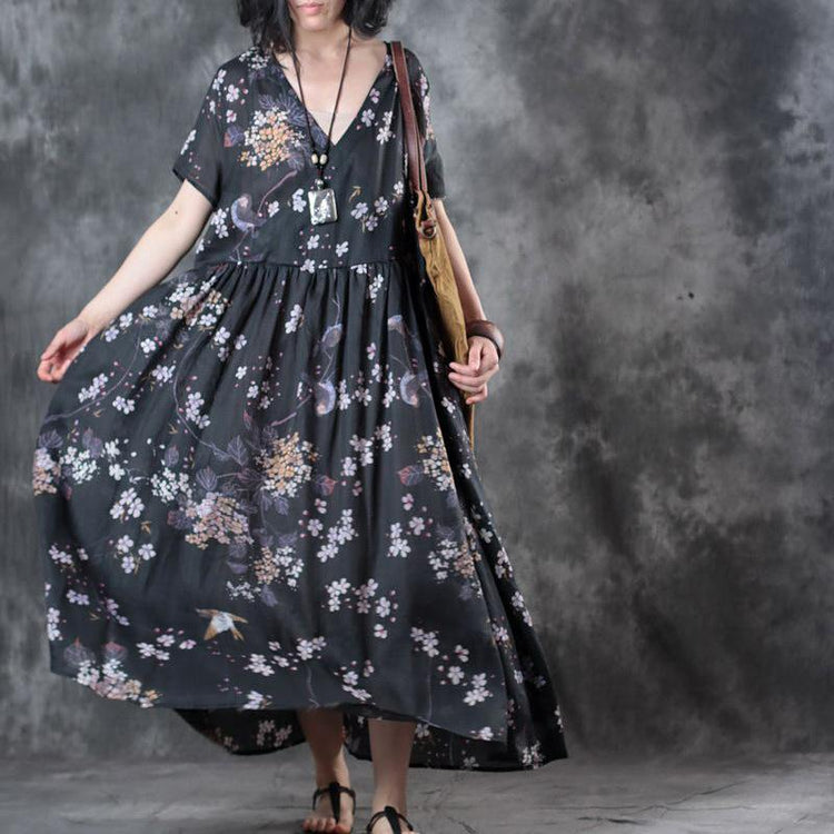 Elegant Black Chiffon Dress Oversized Floral Chiffon Clothing Dresses Vintage V Neck Caftans - Omychic