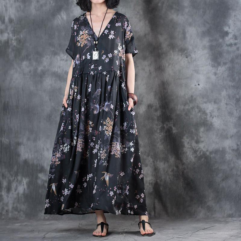 Elegant Black Chiffon Dress Oversized Floral Chiffon Clothing Dresses Vintage V Neck Caftans - Omychic