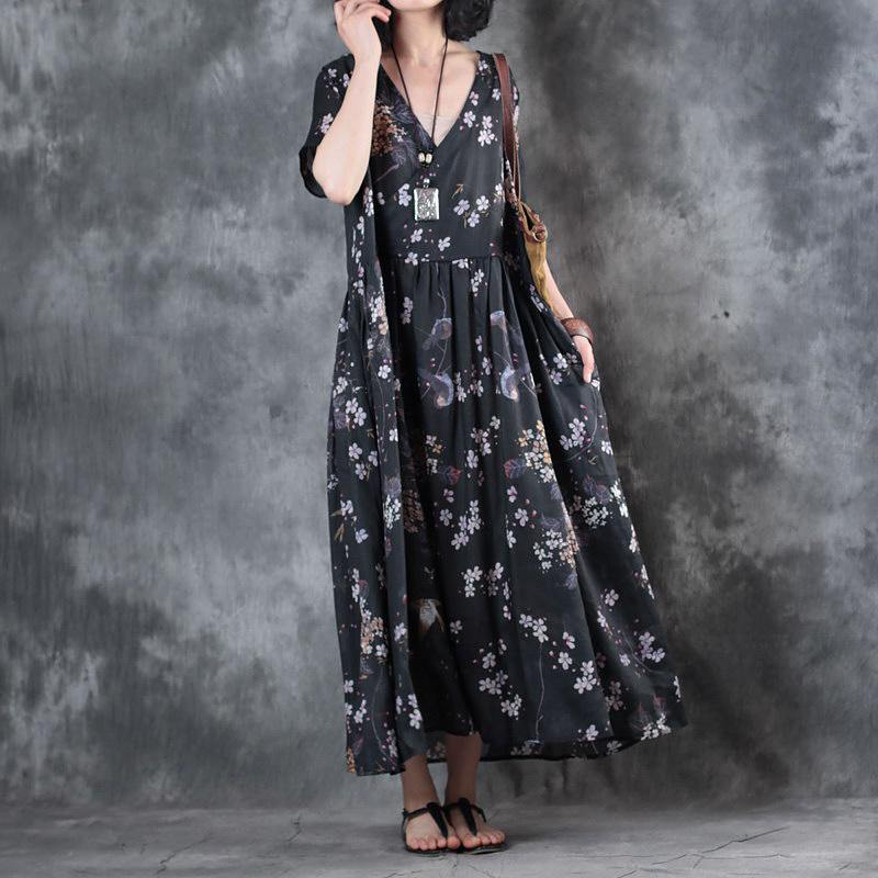 Elegant Black Chiffon Dress Oversized Floral Chiffon Clothing Dresses Vintage V Neck Caftans - Omychic