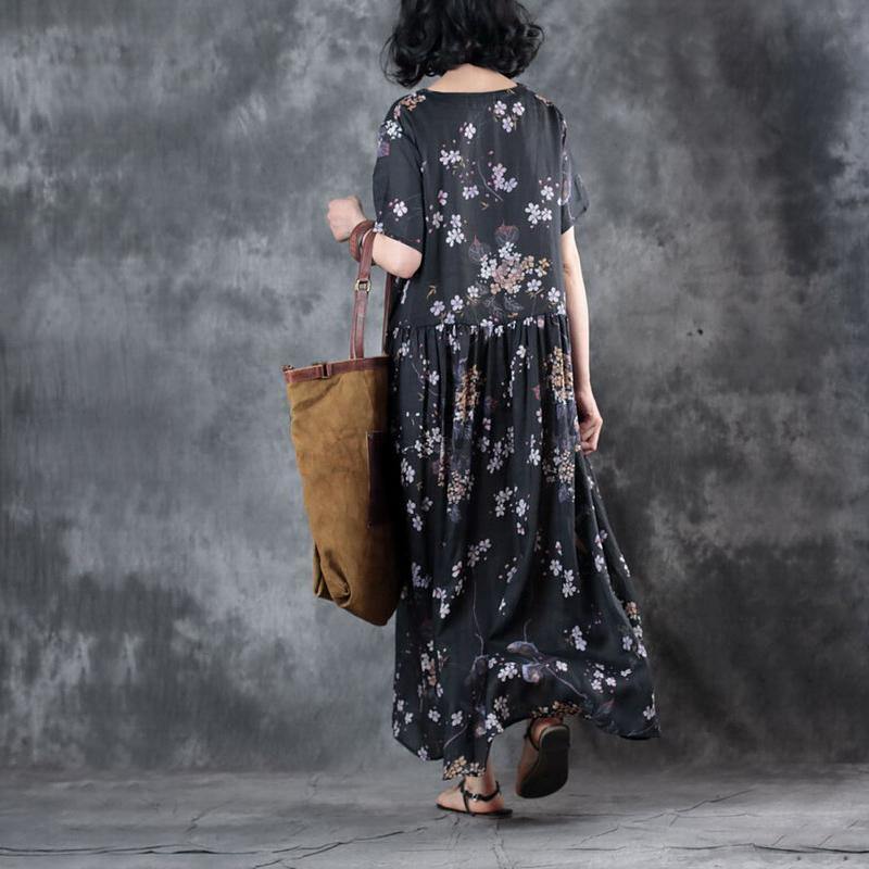 Elegant Black Chiffon Dress Oversized Floral Chiffon Clothing Dresses Vintage V Neck Caftans - Omychic