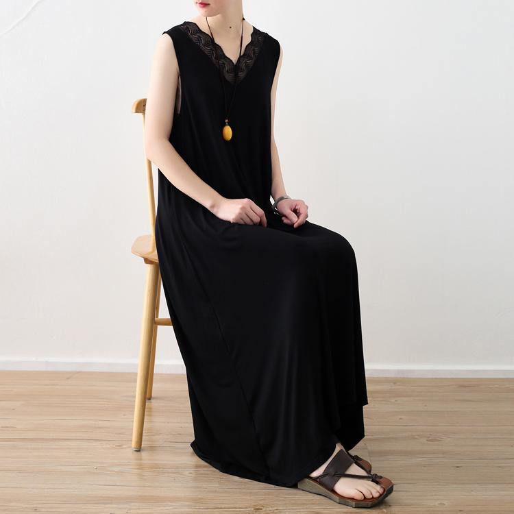 Elegant black natural cotton dress  oversized v neck cotton gown Elegant sleeveless maxi dresses - Omychic