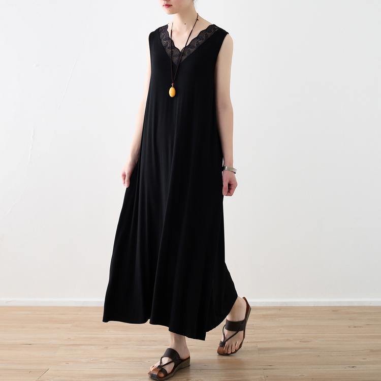 Elegant black natural cotton dress  oversized v neck cotton gown Elegant sleeveless maxi dresses - Omychic