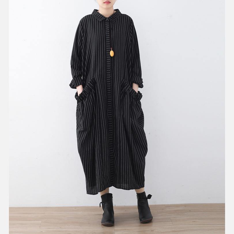 Elegant Black Striped  Cotton Dresses Oversize Big Pockets Traveling Dress Boutique Shirt Collar Gown ( Limited Stock) - Omychic