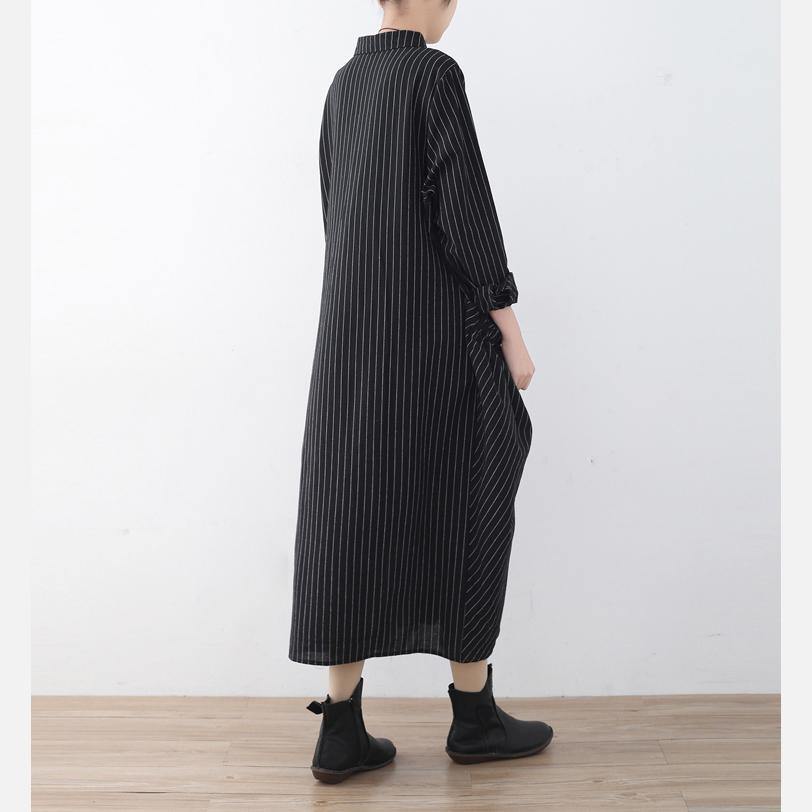 Elegant Black Striped  Cotton Dresses Oversize Big Pockets Traveling Dress Boutique Shirt Collar Gown ( Limited Stock) - Omychic