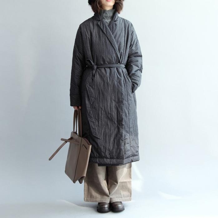 Elegant black striped quilted coat oversize down overcoat Fine tunic side tie coats - Omychic
