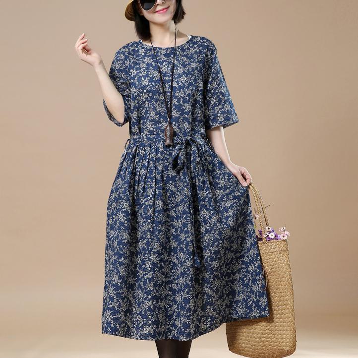 Elegant blue floral cotton knee dress oversized cotton clothing dress 2018 drawstring short sleeve cotton cotton dress - Omychic