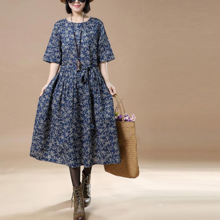 Elegant blue floral cotton knee dress oversized cotton clothing dress 2018 drawstring short sleeve cotton cotton dress - Omychic