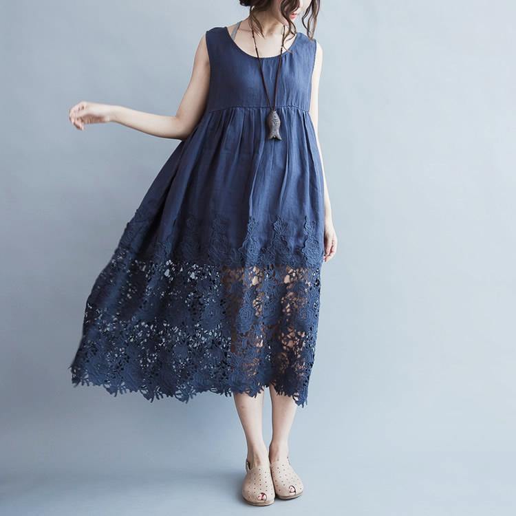 Elegant blue long linen dress plus size high waist long cotton dresses boutique lace hem gown - Omychic