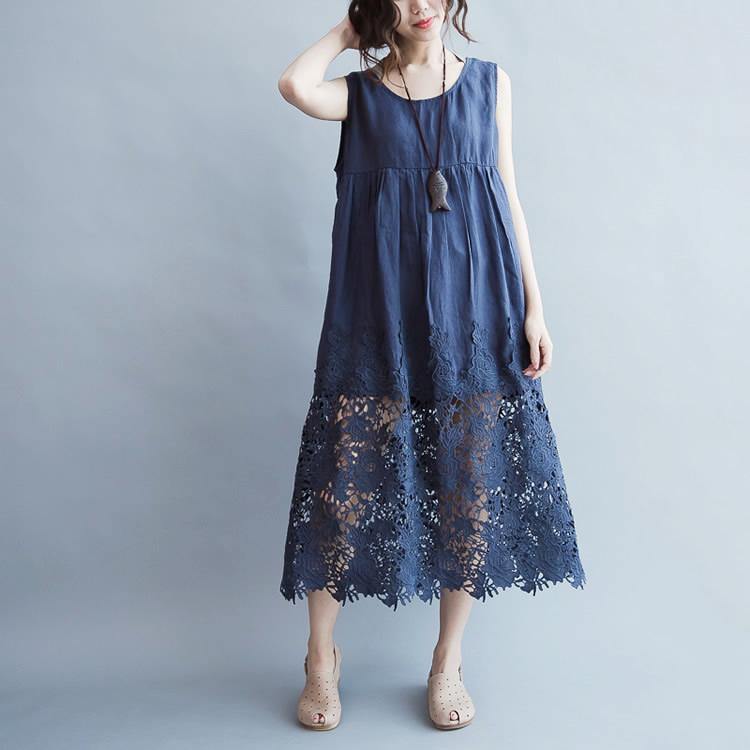 Elegant blue long linen dress plus size high waist long cotton dresses boutique lace hem gown - Omychic