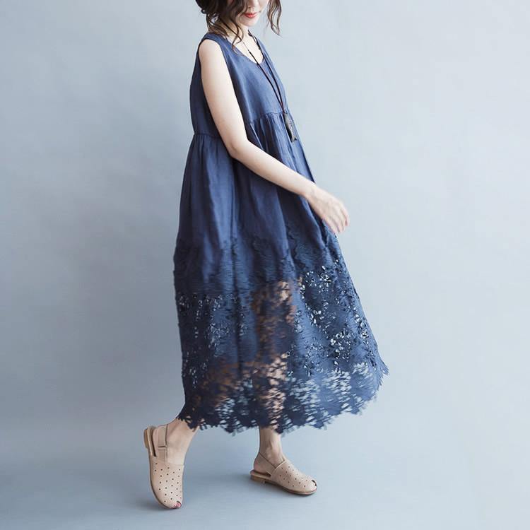 Elegant blue long linen dress plus size high waist long cotton dresses boutique lace hem gown - Omychic