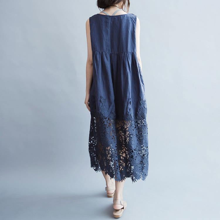 Elegant blue long linen dress plus size high waist long cotton dresses boutique lace hem gown - Omychic