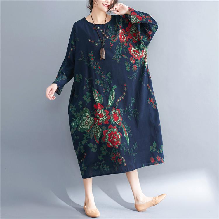 Elegant blue natural linen dress  casual linen clothing dresses top quality long sleeve prints dresses - Omychic