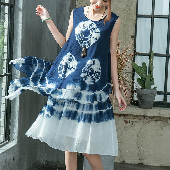 Elegant blue prints linen knee dress oversized linen clothing dresses top quality layered sleeveless linen dresses - Omychic