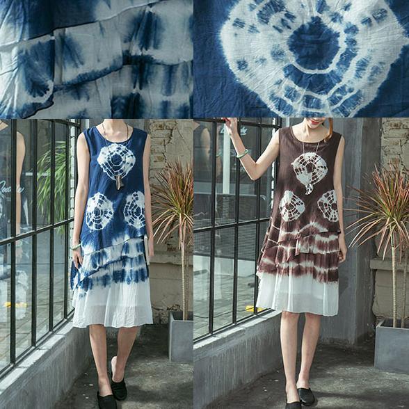 Elegant blue prints linen knee dress oversized linen clothing dresses top quality layered sleeveless linen dresses - Omychic