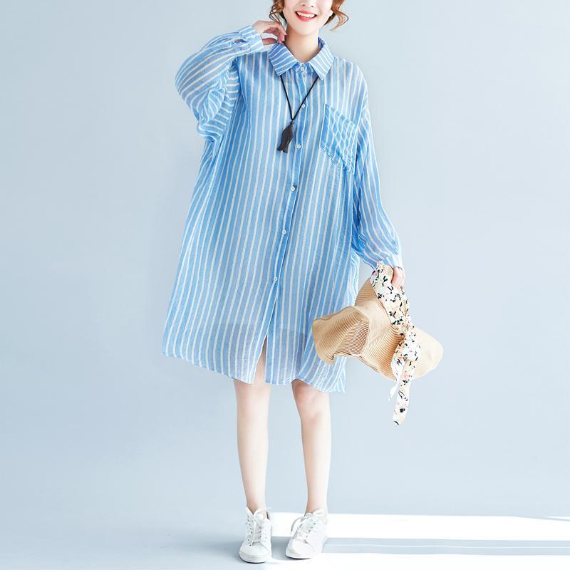Elegant blue striped cotton dresses plussize cotton clothing dresses Fine with lapel collar cotton clothing dresses - Omychic