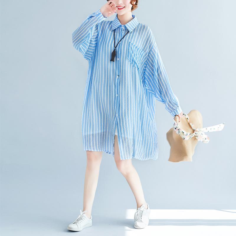 Elegant blue striped cotton dresses plussize cotton clothing dresses Fine with lapel collar cotton clothing dresses - Omychic