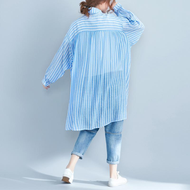 Elegant blue striped cotton dresses plussize cotton clothing dresses Fine with lapel collar cotton clothing dresses - Omychic