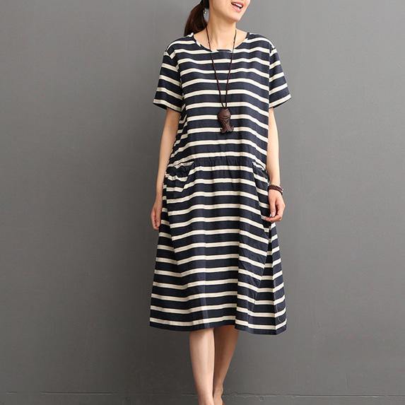Elegant blue striped  linen shift dresses plus size linen maxi dress Fine o neck short sleeve linen dresses - Omychic